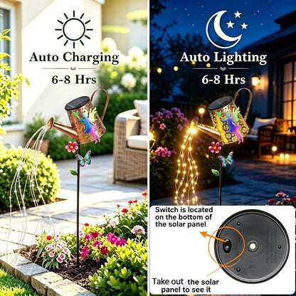 Solar Watering Can with Cascading Lights Outdoor Hummingbird Garden Decor