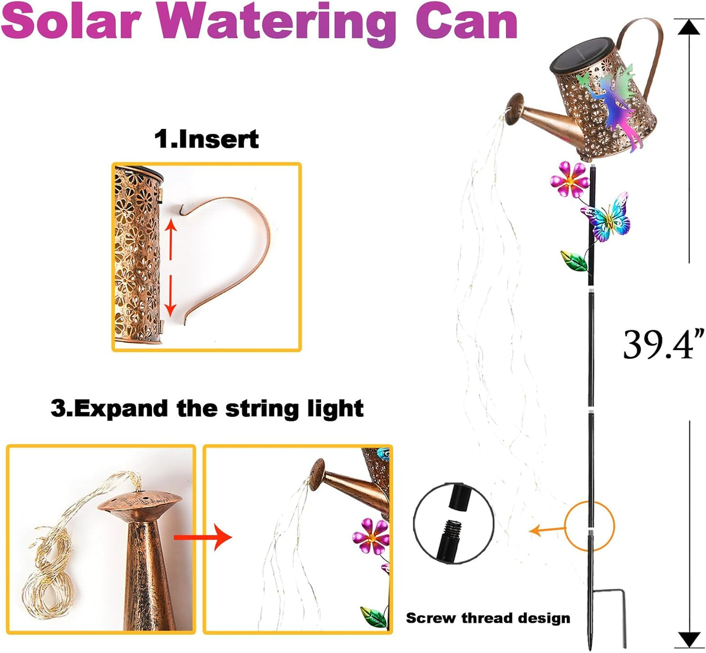 Solar Watering Can with Cascading Lights Outdoor Hummingbird Garden Decor