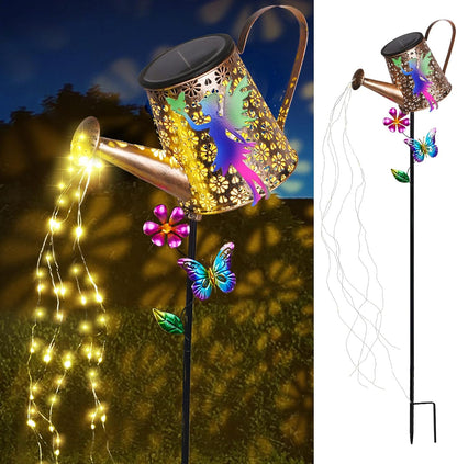Solar Watering Can with Cascading Lights Outdoor Hummingbird Garden Decor