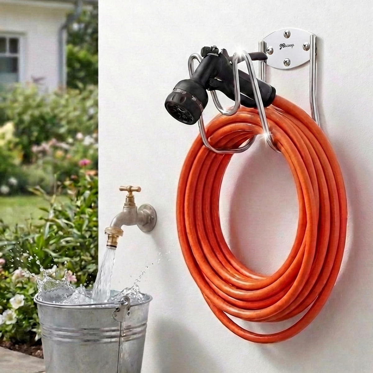 Stainless Steel Garden Hose Holder Wall Mount – Silver SUS304 Hose Hanger for Indoor & Outdoor Use