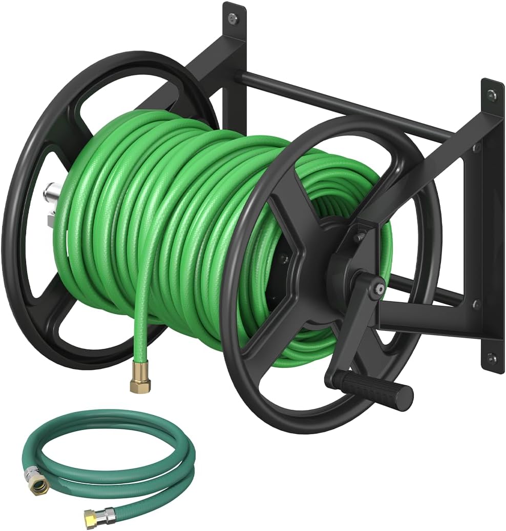 Garden Hose Reel Wall Mounted, Heavy-Duty Water Hose Holder Winder with 3.9 ft Leader Hose & Brass Fitting, Hose Hanger Storage Rack Holds 125-Feet of, 5/8-Inch, for Yard Lawn Farm, Black