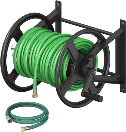 Garden Hose Reel Wall Mounted, Heavy-Duty Water Hose Holder Winder with 3.9 ft Leader Hose & Brass Fitting, Hose Hanger Storage Rack Holds 125-Feet of, 5/8-Inch, for Yard Lawn Farm, Black