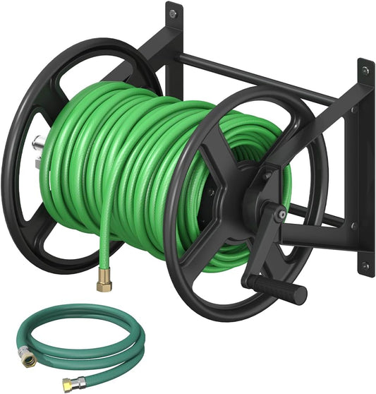Garden Hose Reel Wall Mounted, Heavy-Duty Water Hose Holder Winder with 3.9 ft Leader Hose & Brass Fitting, Hose Hanger Storage Rack Holds 125-Feet of, 5/8-Inch, for Yard Lawn Farm, Black
