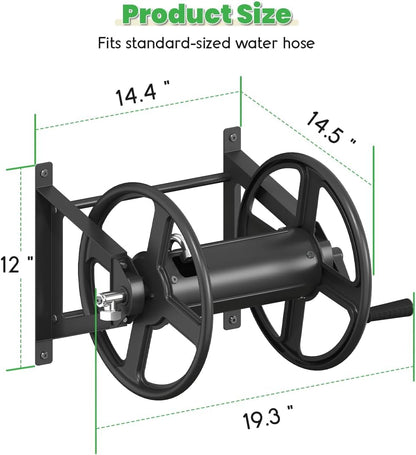 Garden Hose Reel Wall Mounted, Heavy-Duty Water Hose Holder Winder with 3.9 ft Leader Hose & Brass Fitting, Hose Hanger Storage Rack Holds 125-Feet of, 5/8-Inch, for Yard Lawn Farm, Black