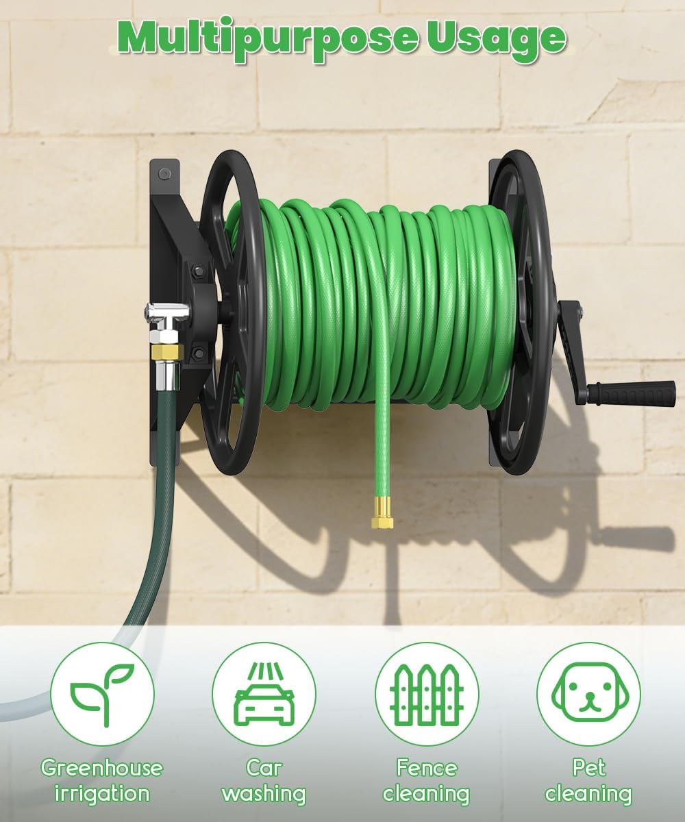 Garden Hose Reel Wall Mounted, Heavy-Duty Water Hose Holder Winder with 3.9 ft Leader Hose & Brass Fitting, Hose Hanger Storage Rack Holds 125-Feet of, 5/8-Inch, for Yard Lawn Farm, Black
