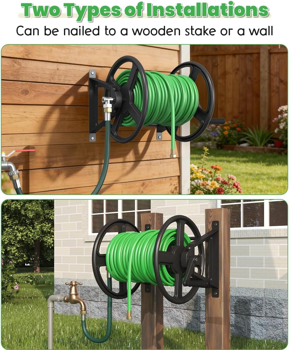 Garden Hose Reel Wall Mounted, Heavy-Duty Water Hose Holder Winder with 3.9 ft Leader Hose & Brass Fitting, Hose Hanger Storage Rack Holds 125-Feet of, 5/8-Inch, for Yard Lawn Farm, Black