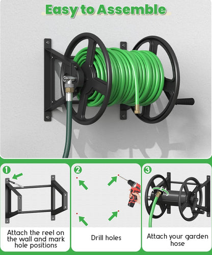 Garden Hose Reel Wall Mounted, Heavy-Duty Water Hose Holder Winder with 3.9 ft Leader Hose & Brass Fitting, Hose Hanger Storage Rack Holds 125-Feet of, 5/8-Inch, for Yard Lawn Farm, Black