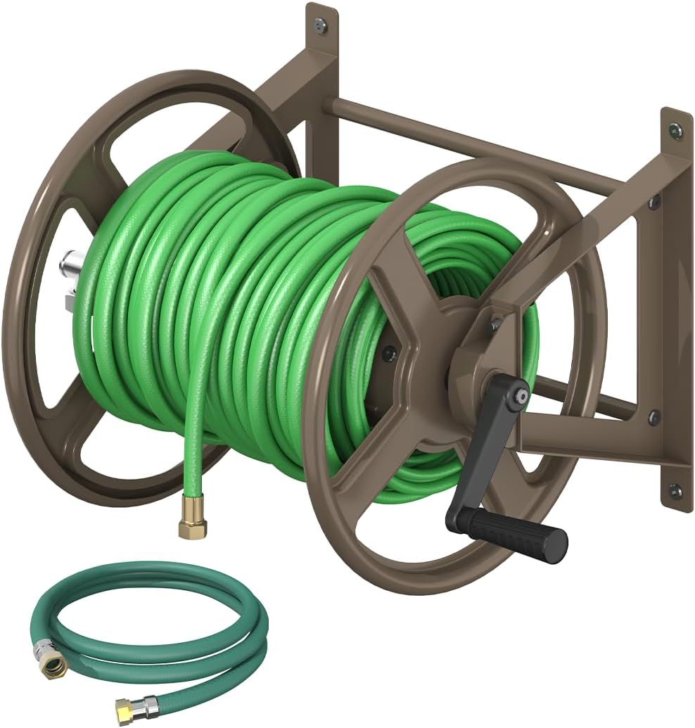 Garden Hose Reel Wall Mounted, Heavy-Duty Water Hose Holder Winder with 3.9 ft Leader Hose & Brass Fitting, Hose Hanger Storage Rack Holds 125-Feet of, 5/8-Inch, for Yard Lawn Farm, Black