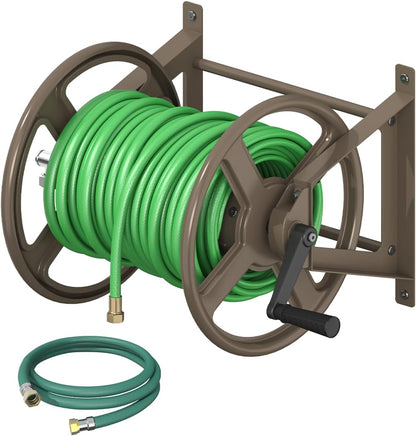 Garden Hose Reel Wall Mounted, Heavy-Duty Water Hose Holder Winder with 3.9 ft Leader Hose & Brass Fitting, Hose Hanger Storage Rack Holds 125-Feet of, 5/8-Inch, for Yard Lawn Farm, Black