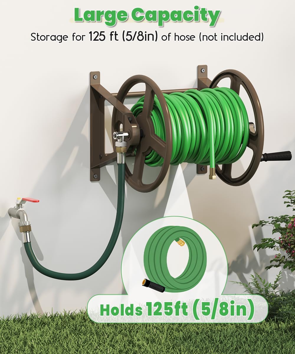 Garden Hose Reel Wall Mounted, Heavy-Duty Water Hose Holder Winder with 3.9 ft Leader Hose & Brass Fitting, Hose Hanger Storage Rack Holds 125-Feet of, 5/8-Inch, for Yard Lawn Farm, Black