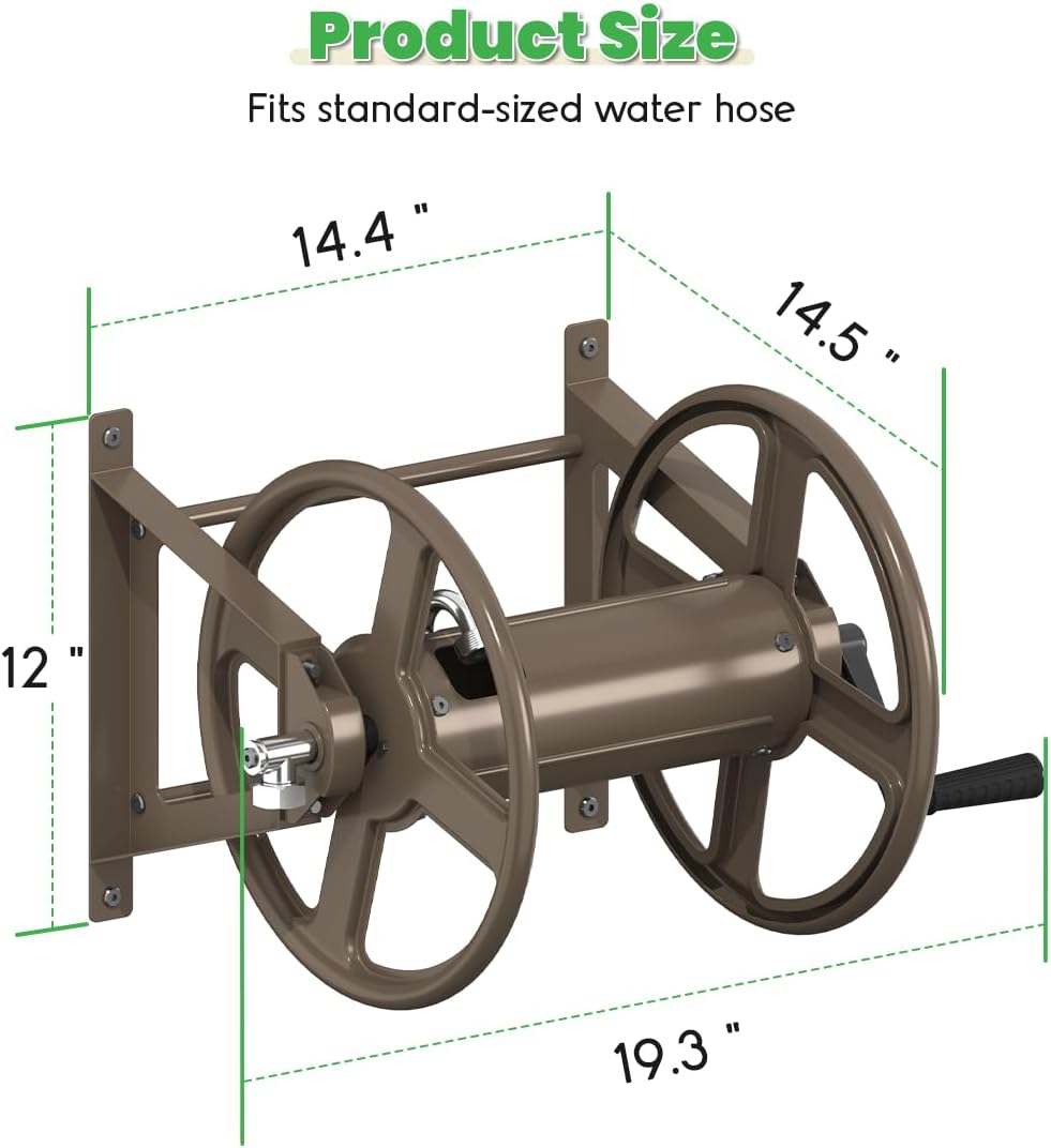 Garden Hose Reel Wall Mounted, Heavy-Duty Water Hose Holder Winder with 3.9 ft Leader Hose & Brass Fitting, Hose Hanger Storage Rack Holds 125-Feet of, 5/8-Inch, for Yard Lawn Farm, Black