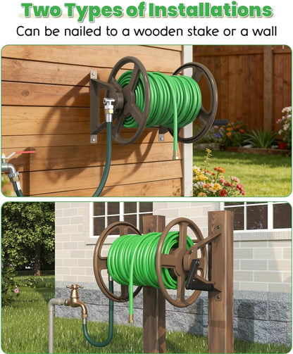 Garden Hose Reel Wall Mounted, Heavy-Duty Water Hose Holder Winder with 3.9 ft Leader Hose & Brass Fitting, Hose Hanger Storage Rack Holds 125-Feet of, 5/8-Inch, for Yard Lawn Farm, Black