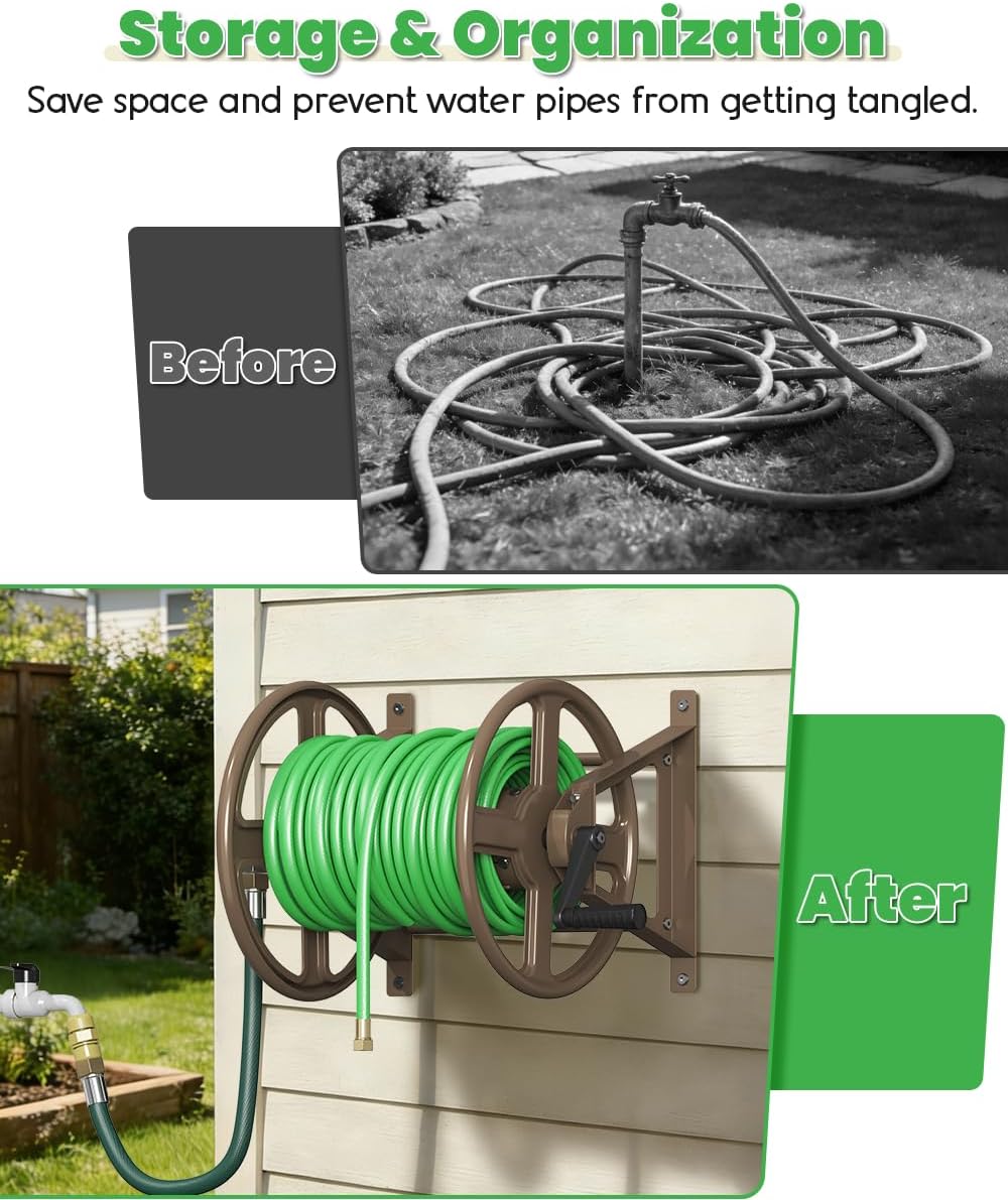 Garden Hose Reel Wall Mounted, Heavy-Duty Water Hose Holder Winder with 3.9 ft Leader Hose & Brass Fitting, Hose Hanger Storage Rack Holds 125-Feet of, 5/8-Inch, for Yard Lawn Farm, Black