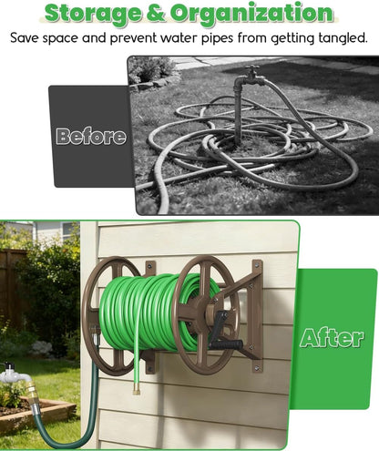 Garden Hose Reel Wall Mounted, Heavy-Duty Water Hose Holder Winder with 3.9 ft Leader Hose & Brass Fitting, Hose Hanger Storage Rack Holds 125-Feet of, 5/8-Inch, for Yard Lawn Farm, Black