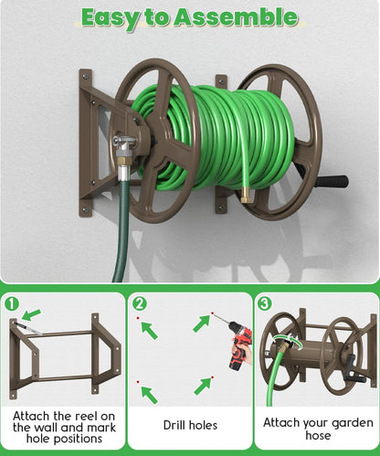 Garden Hose Reel Wall Mounted, Heavy-Duty Water Hose Holder Winder with 3.9 ft Leader Hose & Brass Fitting, Hose Hanger Storage Rack Holds 125-Feet of, 5/8-Inch, for Yard Lawn Farm, Black