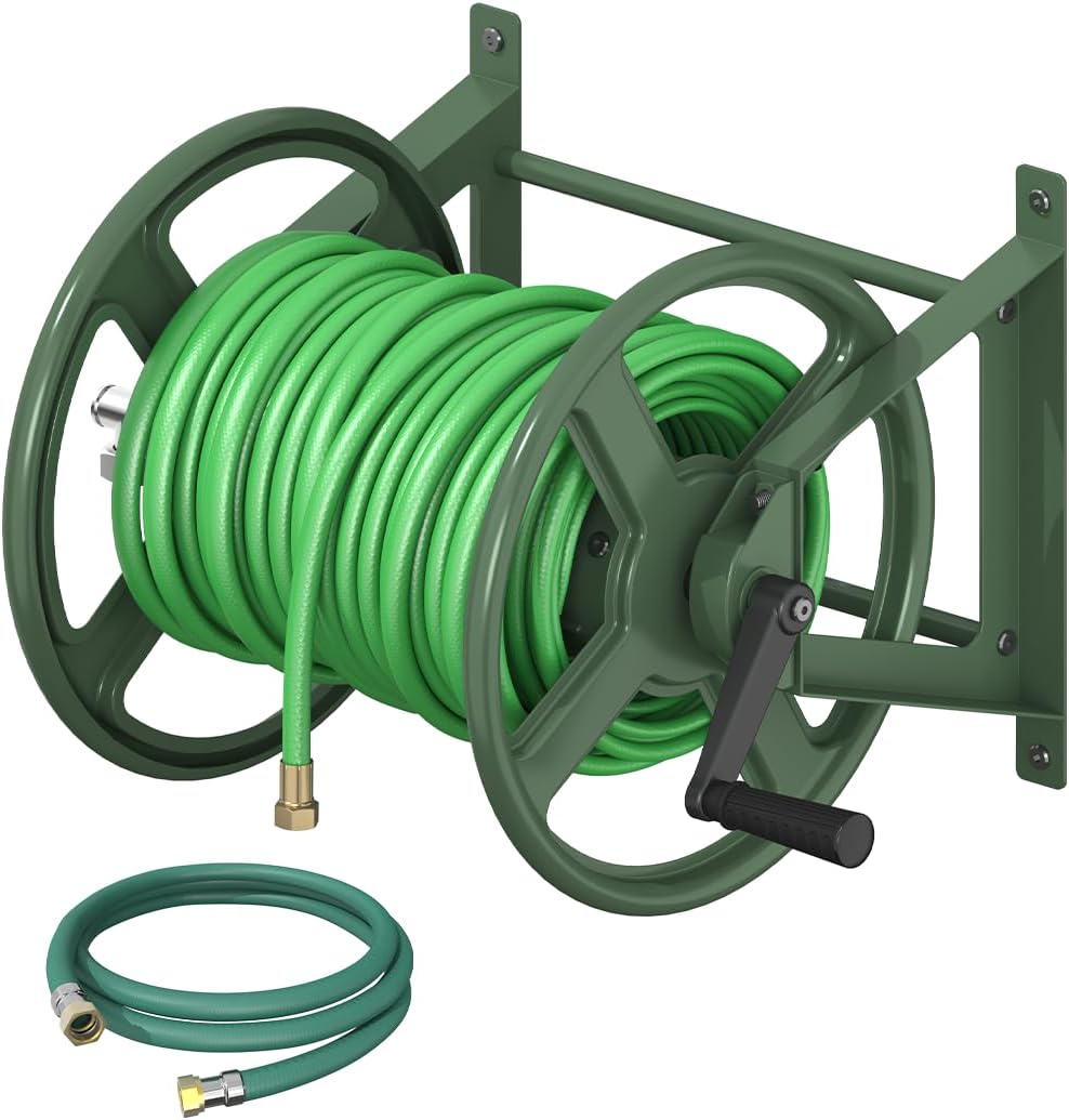 Garden Hose Reel Wall Mounted, Heavy-Duty Water Hose Holder Winder with 3.9 ft Leader Hose & Brass Fitting, Hose Hanger Storage Rack Holds 125-Feet of, 5/8-Inch, for Yard Lawn Farm, Black