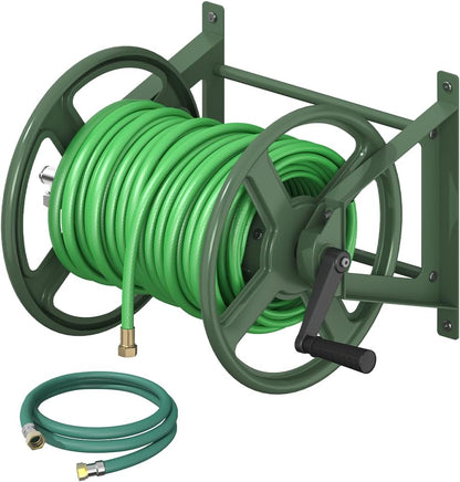 Garden Hose Reel Wall Mounted, Heavy-Duty Water Hose Holder Winder with 3.9 ft Leader Hose & Brass Fitting, Hose Hanger Storage Rack Holds 125-Feet of, 5/8-Inch, for Yard Lawn Farm, Black