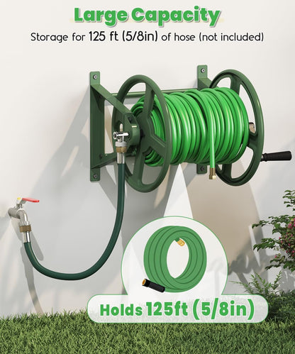 Garden Hose Reel Wall Mounted, Heavy-Duty Water Hose Holder Winder with 3.9 ft Leader Hose & Brass Fitting, Hose Hanger Storage Rack Holds 125-Feet of, 5/8-Inch, for Yard Lawn Farm, Black