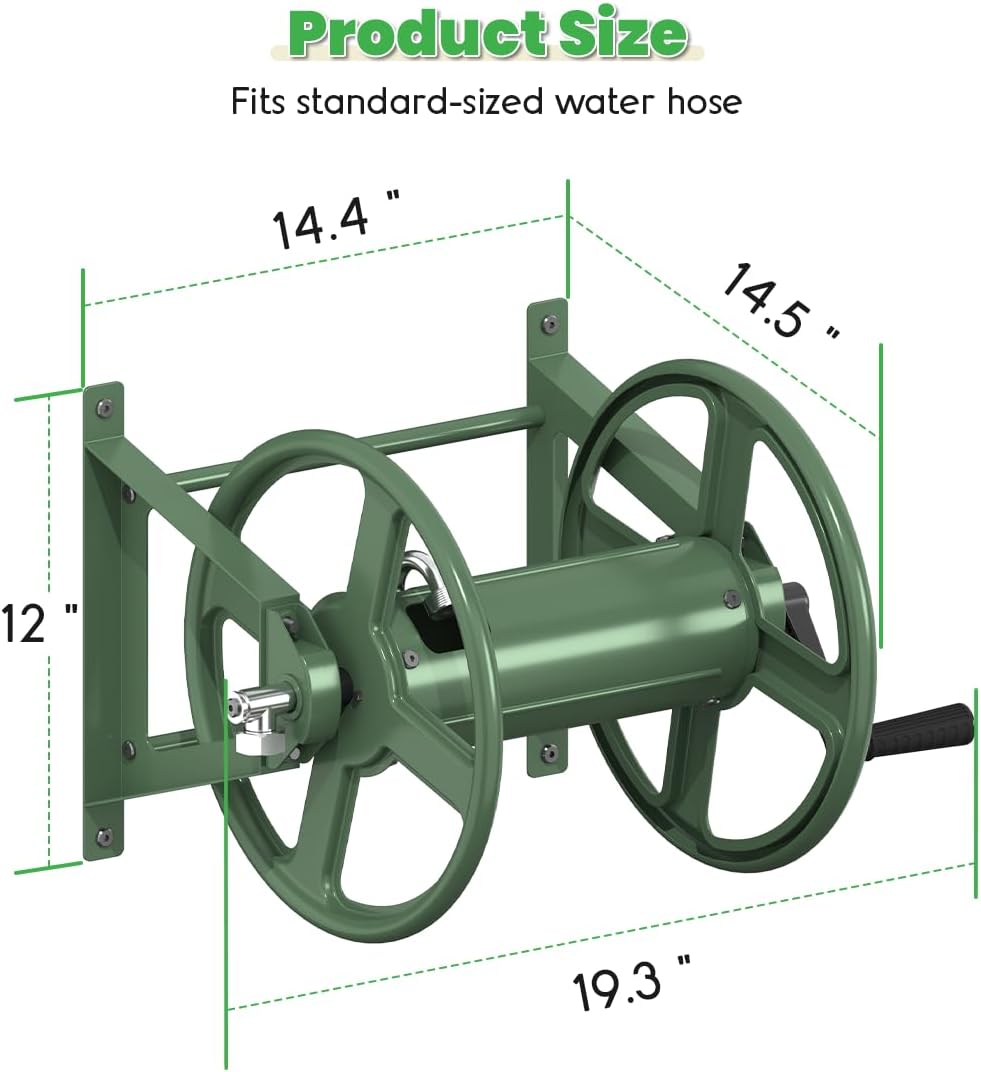 Garden Hose Reel Wall Mounted, Heavy-Duty Water Hose Holder Winder with 3.9 ft Leader Hose & Brass Fitting, Hose Hanger Storage Rack Holds 125-Feet of, 5/8-Inch, for Yard Lawn Farm, Black