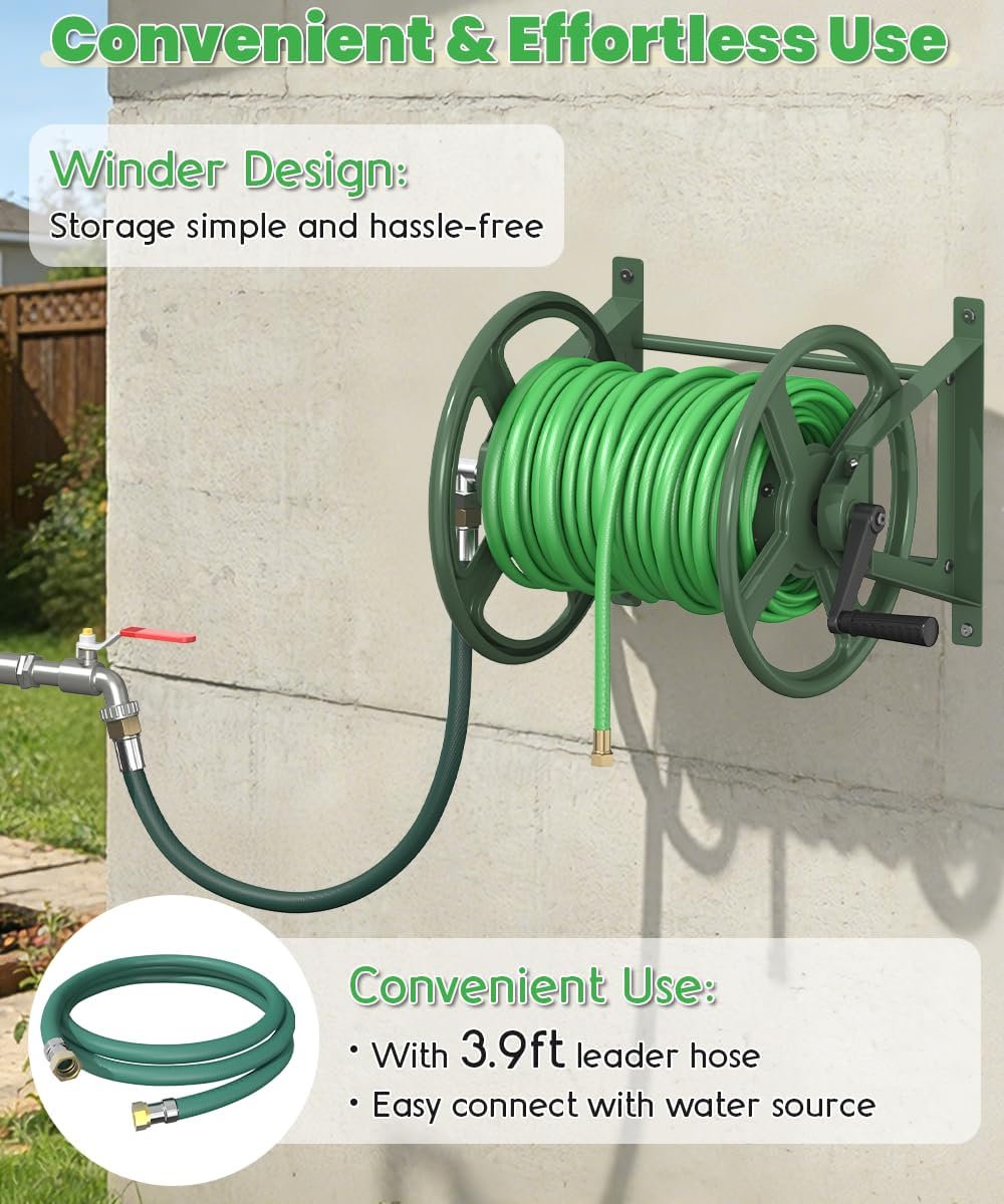 Garden Hose Reel Wall Mounted, Heavy-Duty Water Hose Holder Winder with 3.9 ft Leader Hose & Brass Fitting, Hose Hanger Storage Rack Holds 125-Feet of, 5/8-Inch, for Yard Lawn Farm, Black