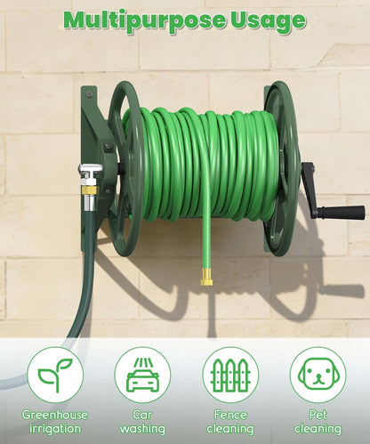 Garden Hose Reel Wall Mounted, Heavy-Duty Water Hose Holder Winder with 3.9 ft Leader Hose & Brass Fitting, Hose Hanger Storage Rack Holds 125-Feet of, 5/8-Inch, for Yard Lawn Farm, Black