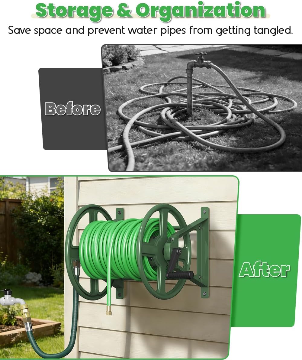 Garden Hose Reel Wall Mounted, Heavy-Duty Water Hose Holder Winder with 3.9 ft Leader Hose & Brass Fitting, Hose Hanger Storage Rack Holds 125-Feet of, 5/8-Inch, for Yard Lawn Farm, Black