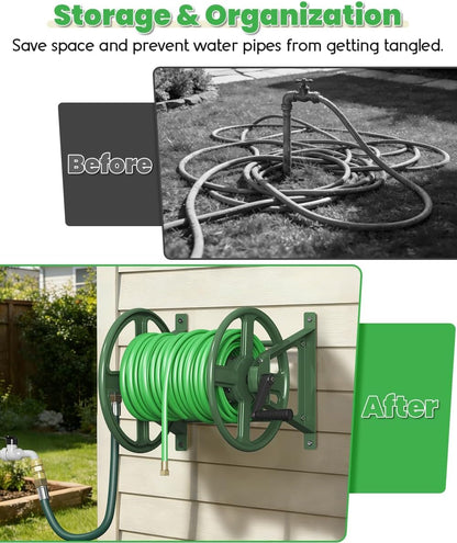 Garden Hose Reel Wall Mounted, Heavy-Duty Water Hose Holder Winder with 3.9 ft Leader Hose & Brass Fitting, Hose Hanger Storage Rack Holds 125-Feet of, 5/8-Inch, for Yard Lawn Farm, Black