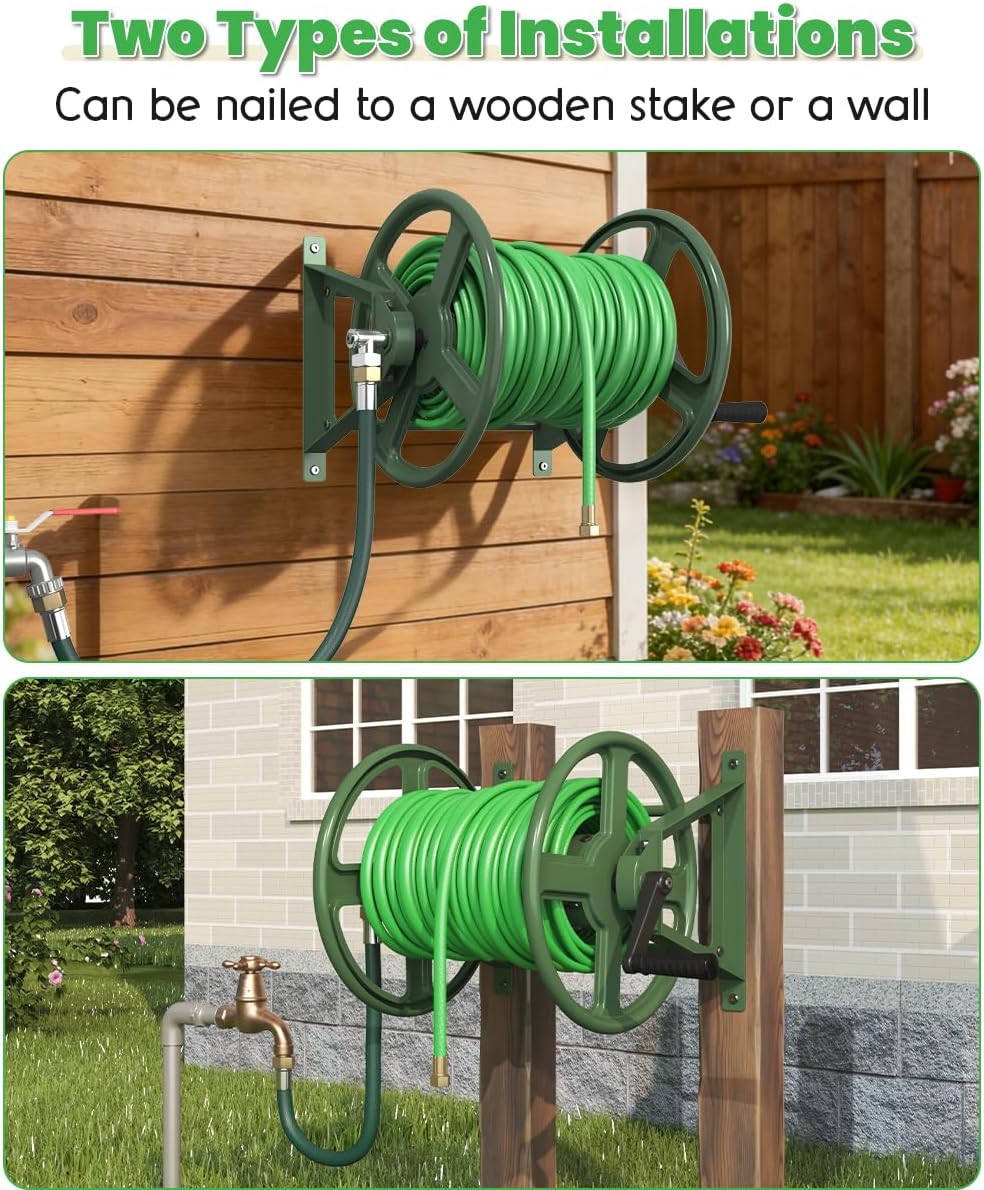 Garden Hose Reel Wall Mounted, Heavy-Duty Water Hose Holder Winder with 3.9 ft Leader Hose & Brass Fitting, Hose Hanger Storage Rack Holds 125-Feet of, 5/8-Inch, for Yard Lawn Farm, Black