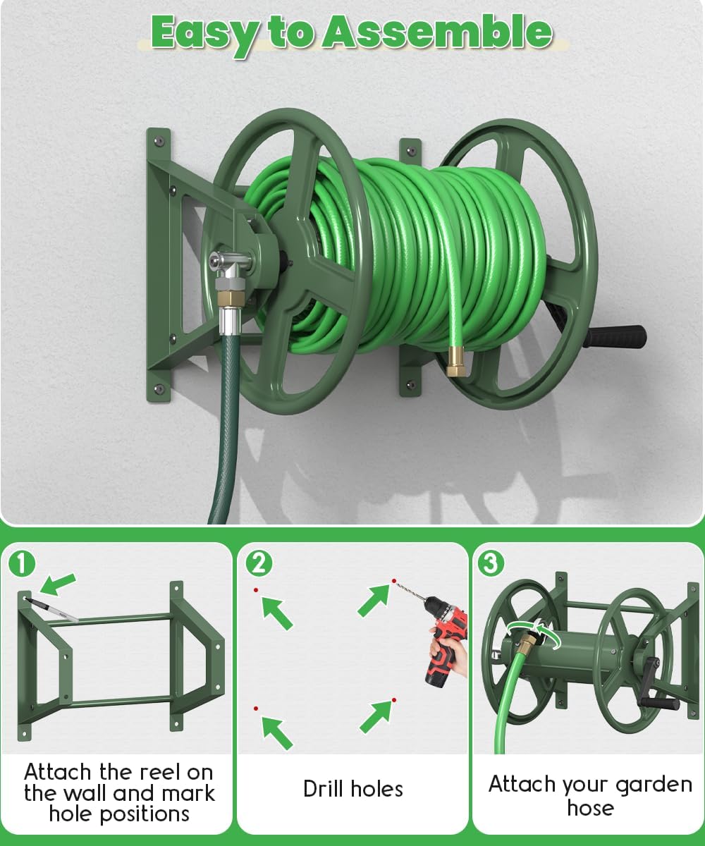 Garden Hose Reel Wall Mounted, Heavy-Duty Water Hose Holder Winder with 3.9 ft Leader Hose & Brass Fitting, Hose Hanger Storage Rack Holds 125-Feet of, 5/8-Inch, for Yard Lawn Farm, Black