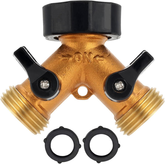 Brass Hose Y Connector Brass Garden Hose Adapter, Garden Hose Splitter 2 Way Heavy Duty, Hose Bib Splitter with 2 Extra Rubber Washers