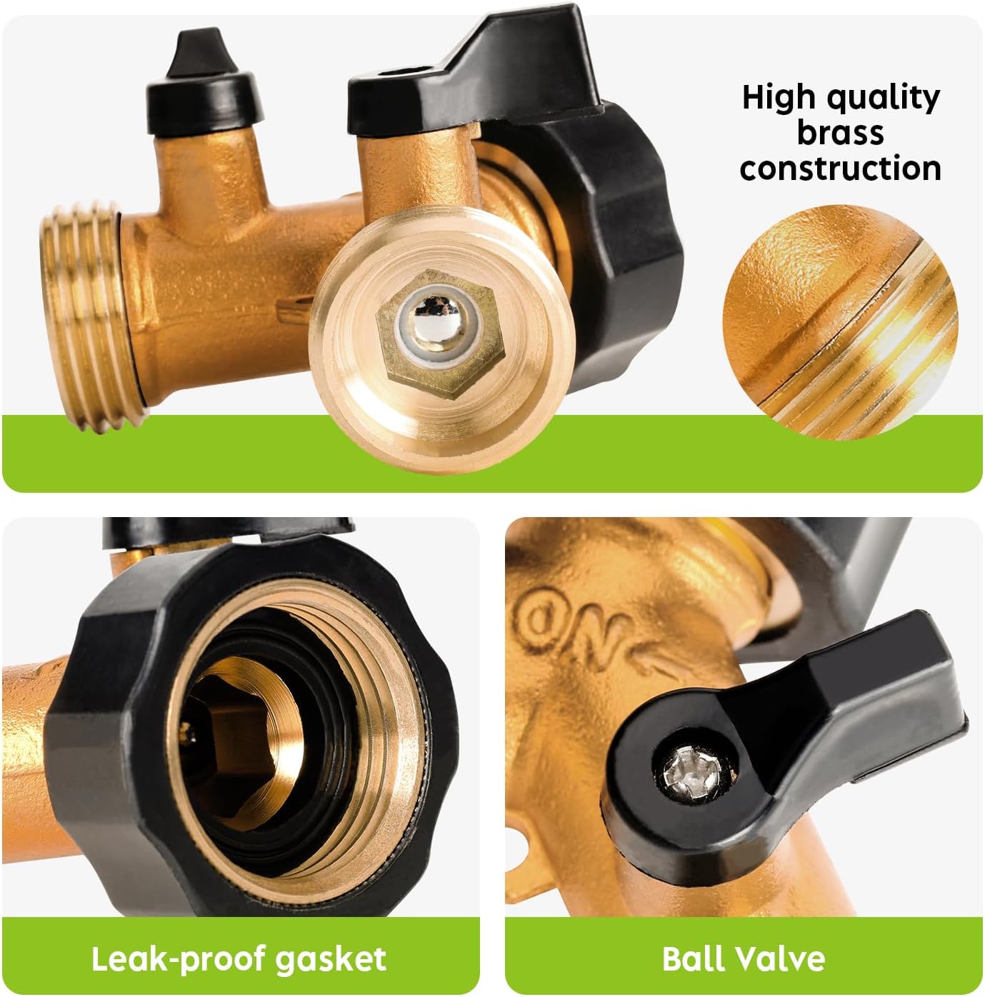 Brass Hose Y Connector Brass Garden Hose Adapter, Garden Hose Splitter 2 Way Heavy Duty, Hose Bib Splitter with 2 Extra Rubber Washers