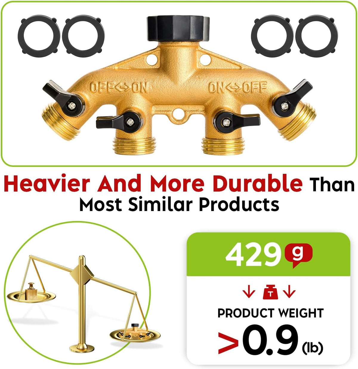 Brass Hose Y Connector Brass Garden Hose Adapter, Garden Hose Splitter 2 Way Heavy Duty, Hose Bib Splitter with 2 Extra Rubber Washers