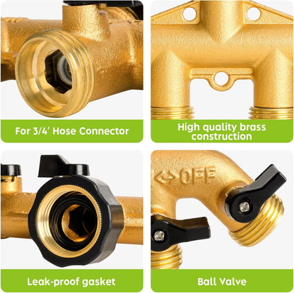 Brass Hose Y Connector Brass Garden Hose Adapter, Garden Hose Splitter 2 Way Heavy Duty, Hose Bib Splitter with 2 Extra Rubber Washers