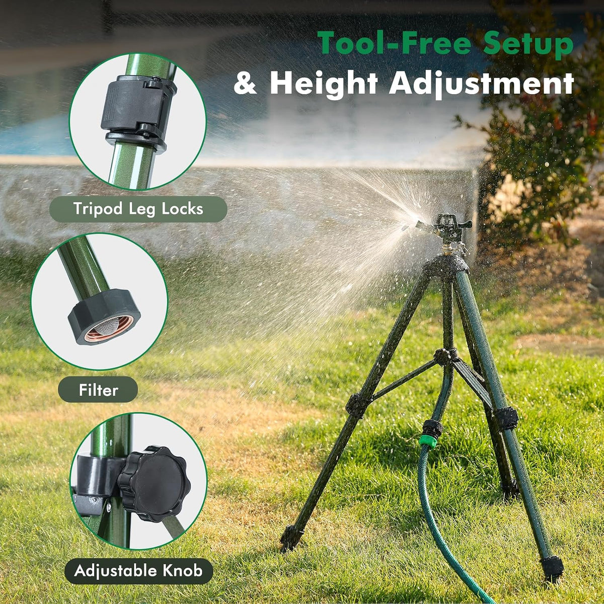 Adjustable Full Metal Tripod Sprinklers for Yard Large Area
