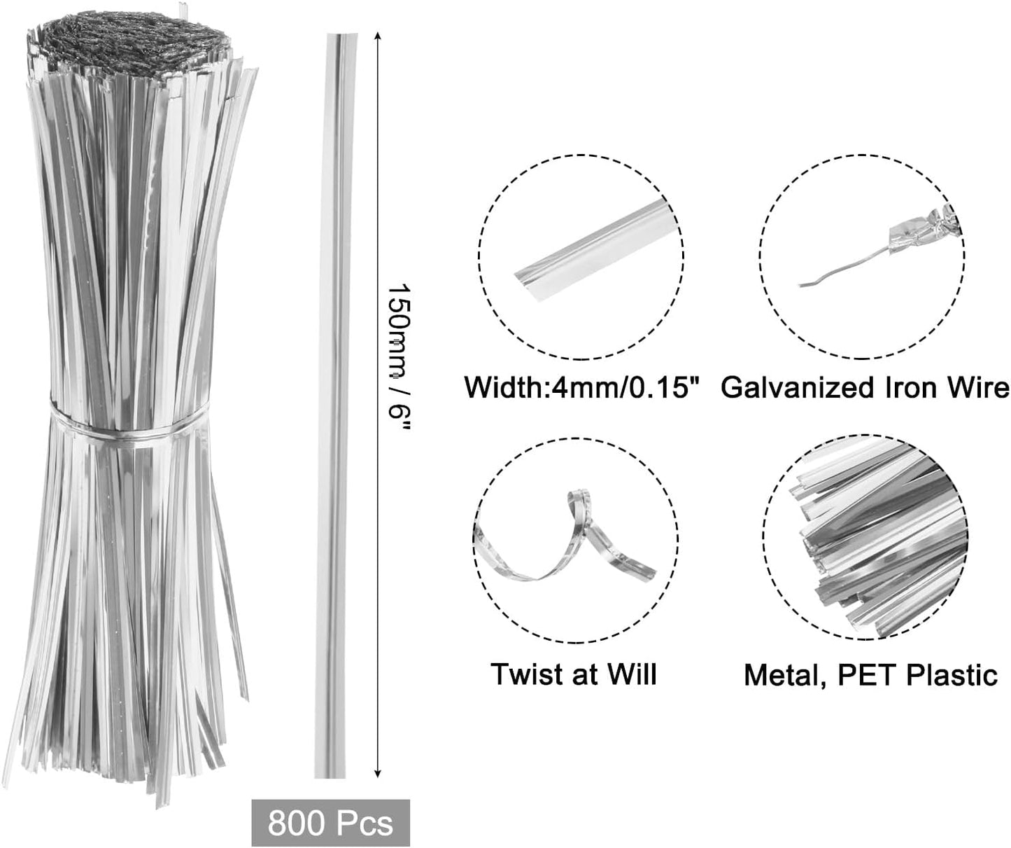 6" Twist Ties, Metallic Twist Ties, Reusable Plastic Coated Twist Ties for Bakery, Candy Bags, Coffee Bags, Goodie Bags, Pack of 800, Silver