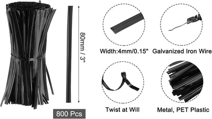 6" Twist Ties, Metallic Twist Ties, Reusable Plastic Coated Twist Ties for Bakery, Candy Bags, Coffee Bags, Goodie Bags, Pack of 800, Silver