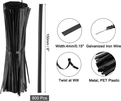 6" Twist Ties, Metallic Twist Ties, Reusable Plastic Coated Twist Ties for Bakery, Candy Bags, Coffee Bags, Goodie Bags, Pack of 800, Silver