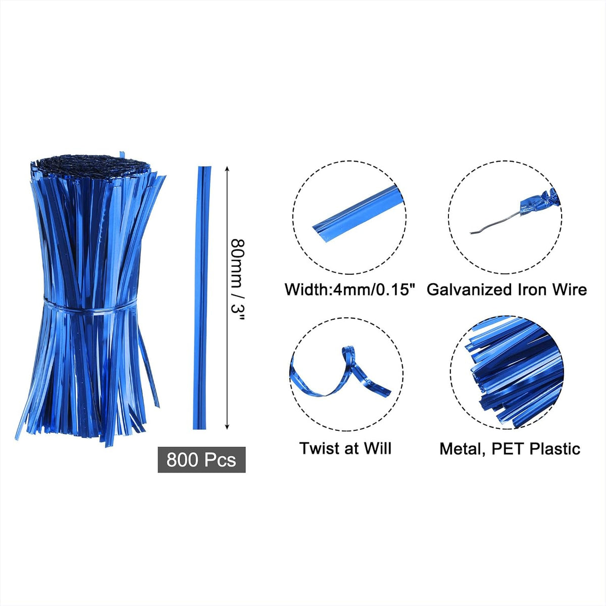 6" Twist Ties, Metallic Twist Ties, Reusable Plastic Coated Twist Ties for Bakery, Candy Bags, Coffee Bags, Goodie Bags, Pack of 800, Silver