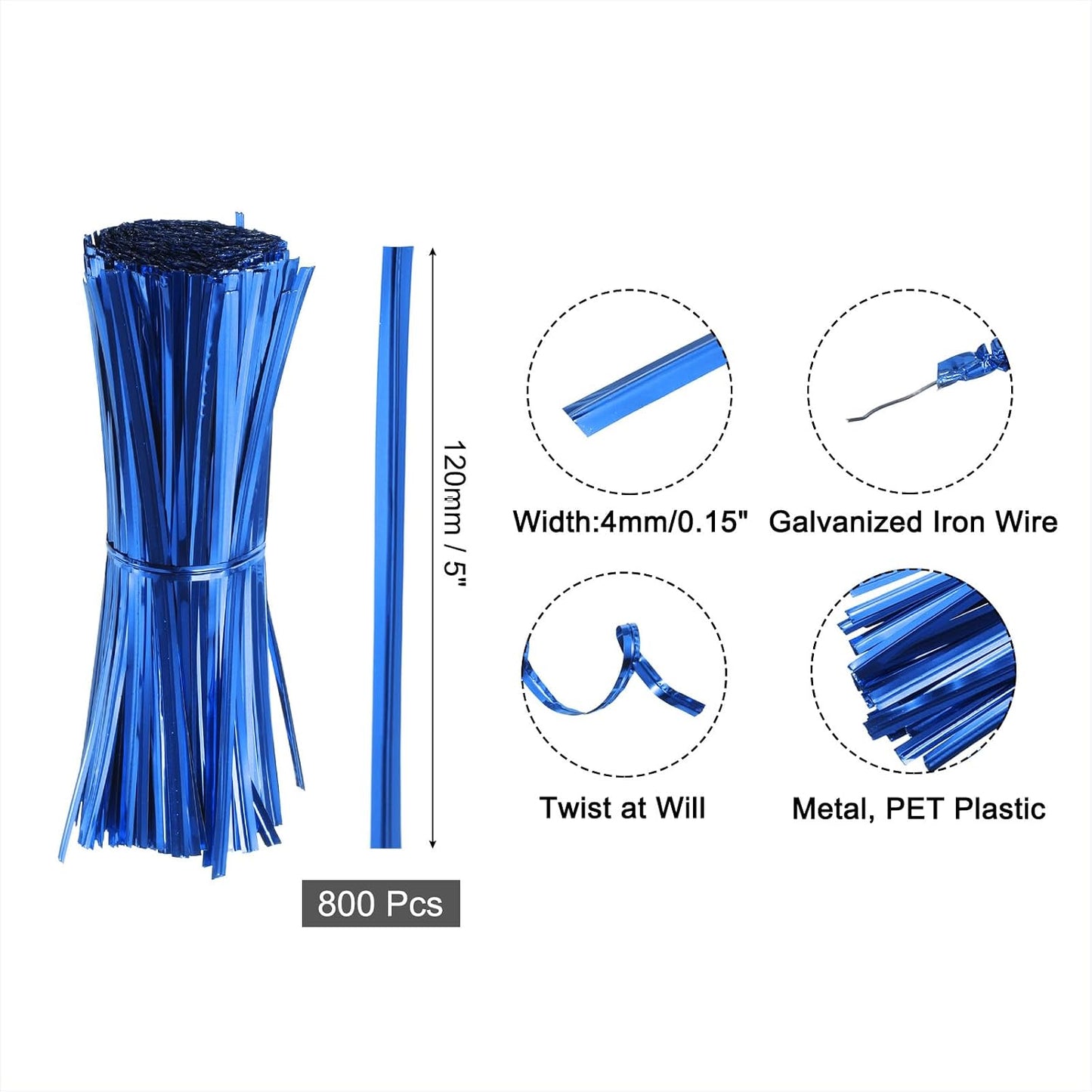 6" Twist Ties, Metallic Twist Ties, Reusable Plastic Coated Twist Ties for Bakery, Candy Bags, Coffee Bags, Goodie Bags, Pack of 800, Silver