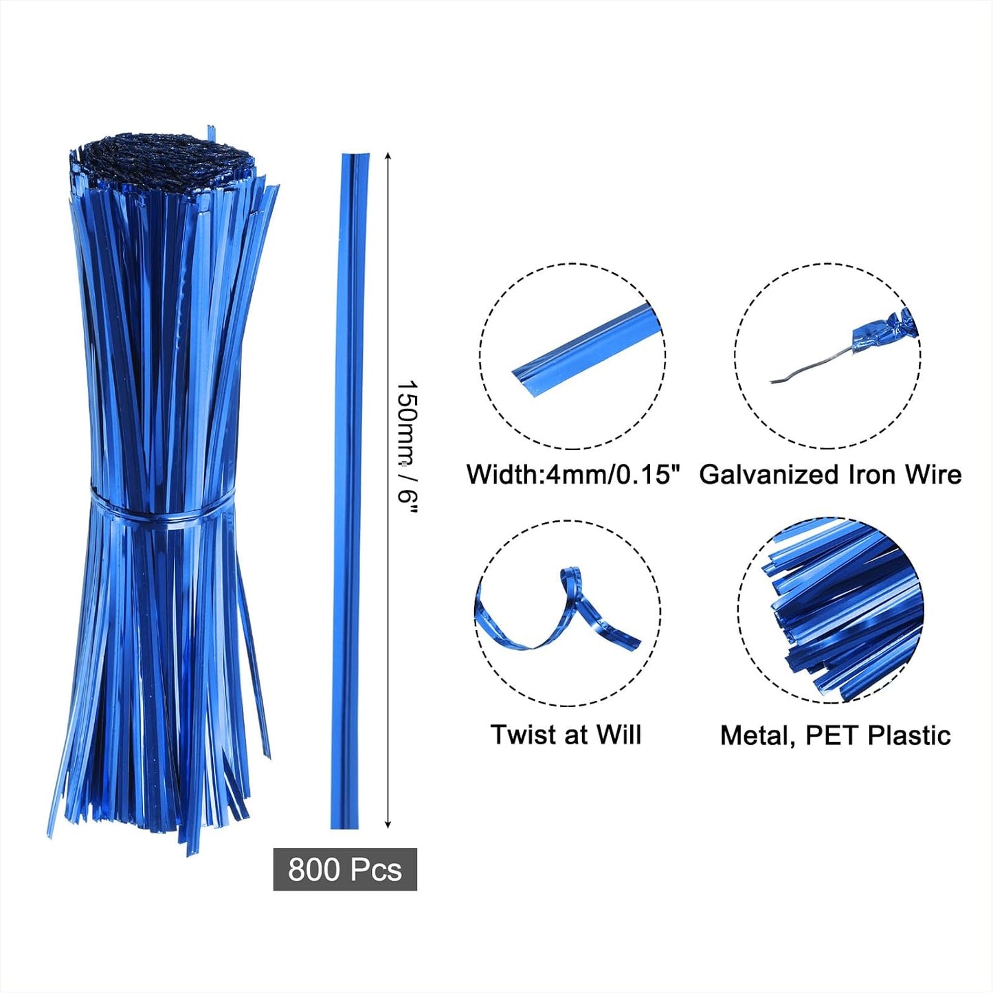 6" Twist Ties, Metallic Twist Ties, Reusable Plastic Coated Twist Ties for Bakery, Candy Bags, Coffee Bags, Goodie Bags, Pack of 800, Silver