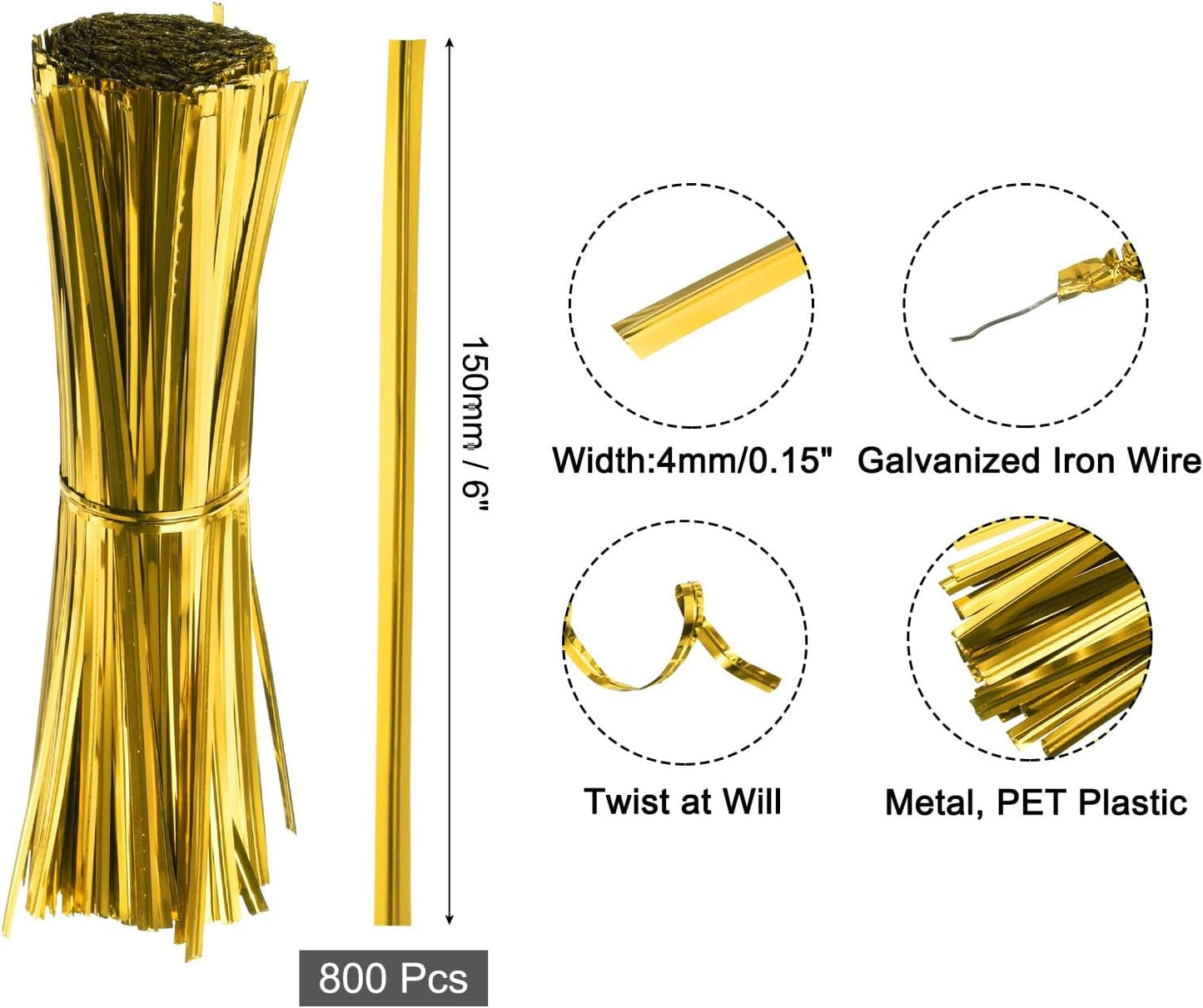 6" Twist Ties, Metallic Twist Ties, Reusable Plastic Coated Twist Ties for Bakery, Candy Bags, Coffee Bags, Goodie Bags, Pack of 800, Silver