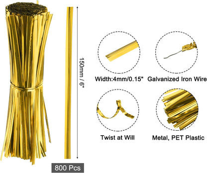 6" Twist Ties, Metallic Twist Ties, Reusable Plastic Coated Twist Ties for Bakery, Candy Bags, Coffee Bags, Goodie Bags, Pack of 800, Silver