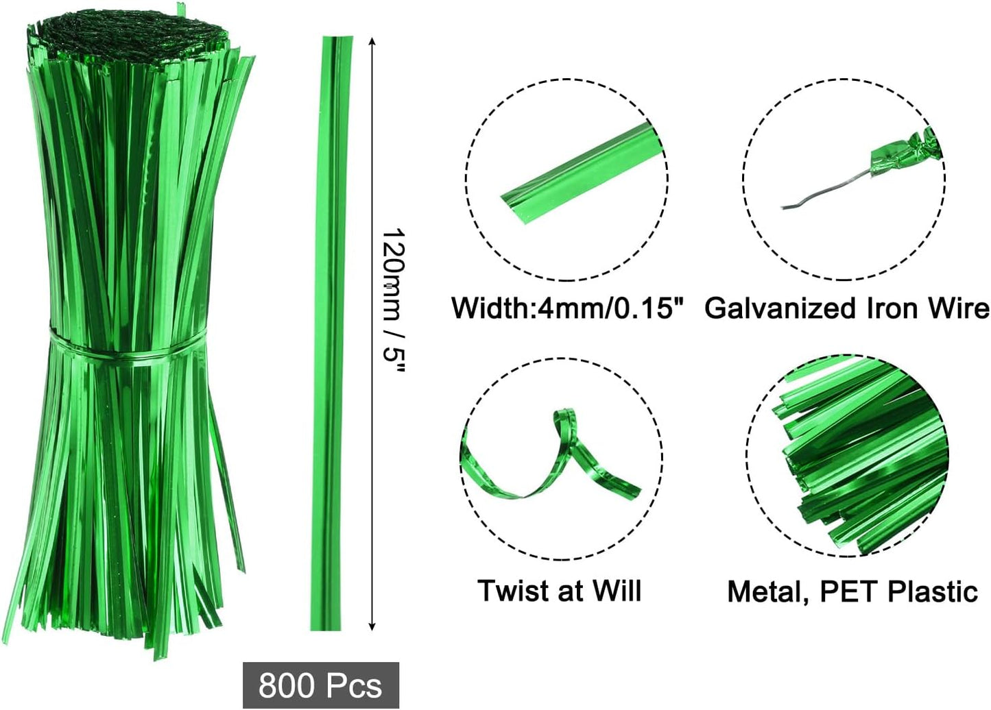 6" Twist Ties, Metallic Twist Ties, Reusable Plastic Coated Twist Ties for Bakery, Candy Bags, Coffee Bags, Goodie Bags, Pack of 800, Silver
