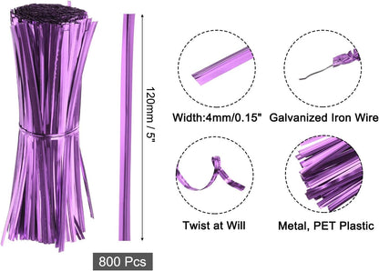 6" Twist Ties, Metallic Twist Ties, Reusable Plastic Coated Twist Ties for Bakery, Candy Bags, Coffee Bags, Goodie Bags, Pack of 800, Silver
