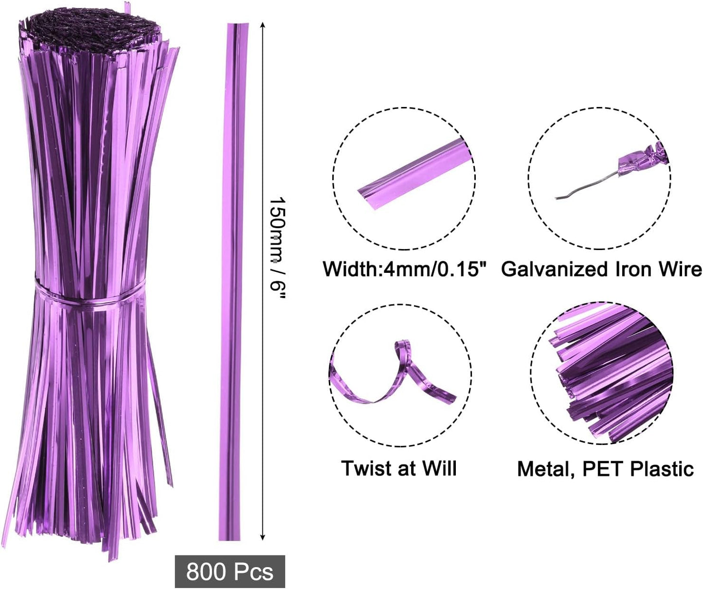 6" Twist Ties, Metallic Twist Ties, Reusable Plastic Coated Twist Ties for Bakery, Candy Bags, Coffee Bags, Goodie Bags, Pack of 800, Silver