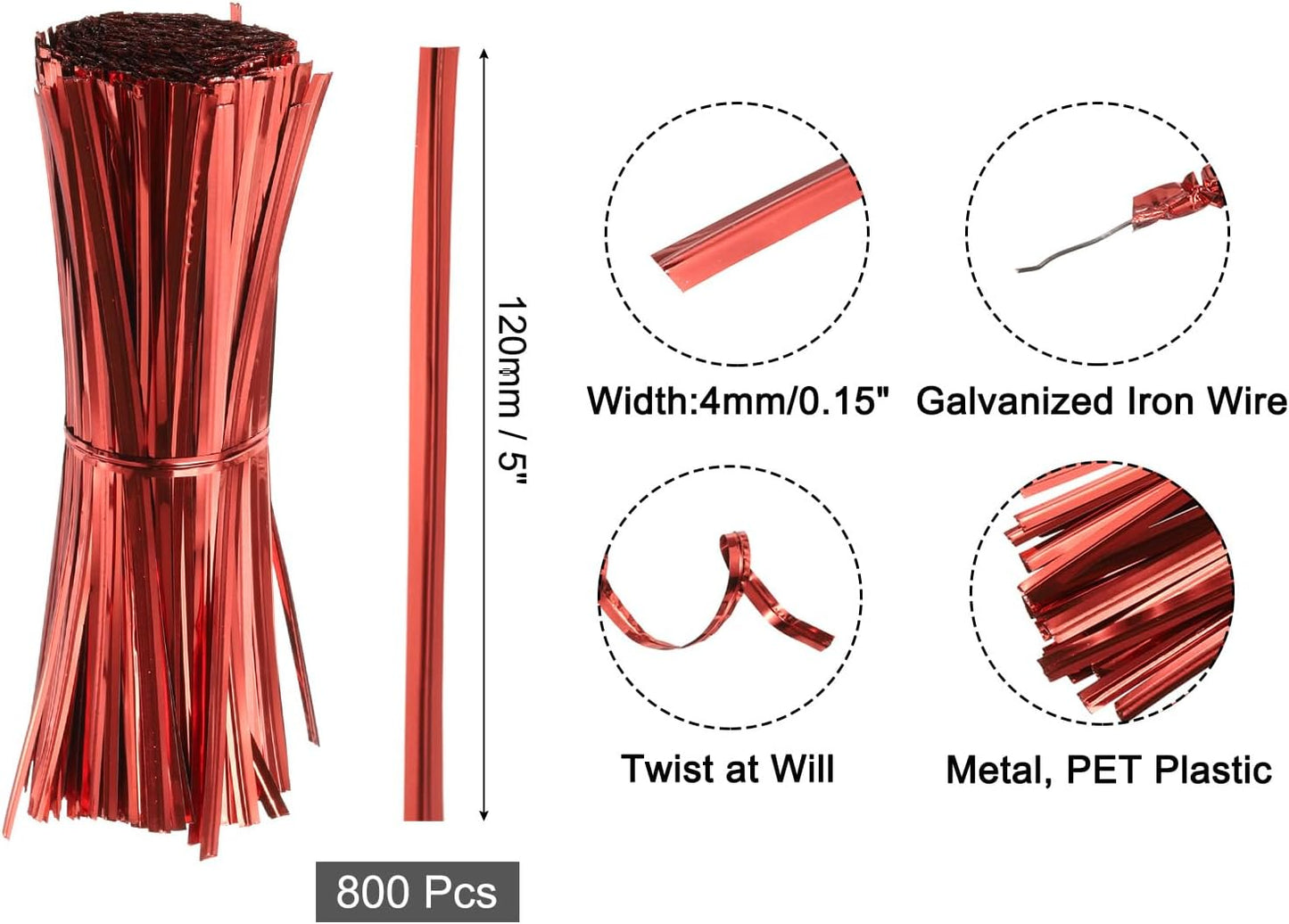 6" Twist Ties, Metallic Twist Ties, Reusable Plastic Coated Twist Ties for Bakery, Candy Bags, Coffee Bags, Goodie Bags, Pack of 800, Silver