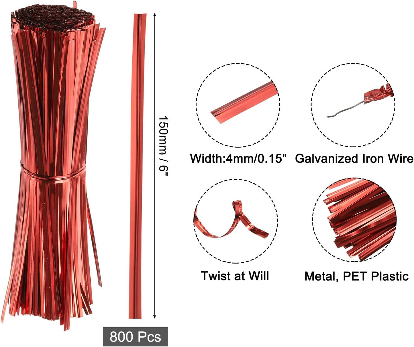 6" Twist Ties, Metallic Twist Ties, Reusable Plastic Coated Twist Ties for Bakery, Candy Bags, Coffee Bags, Goodie Bags, Pack of 800, Silver