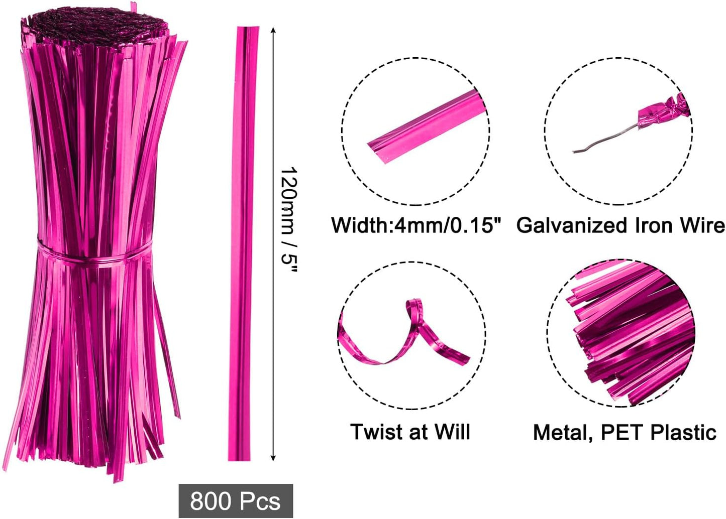 6" Twist Ties, Metallic Twist Ties, Reusable Plastic Coated Twist Ties for Bakery, Candy Bags, Coffee Bags, Goodie Bags, Pack of 800, Silver