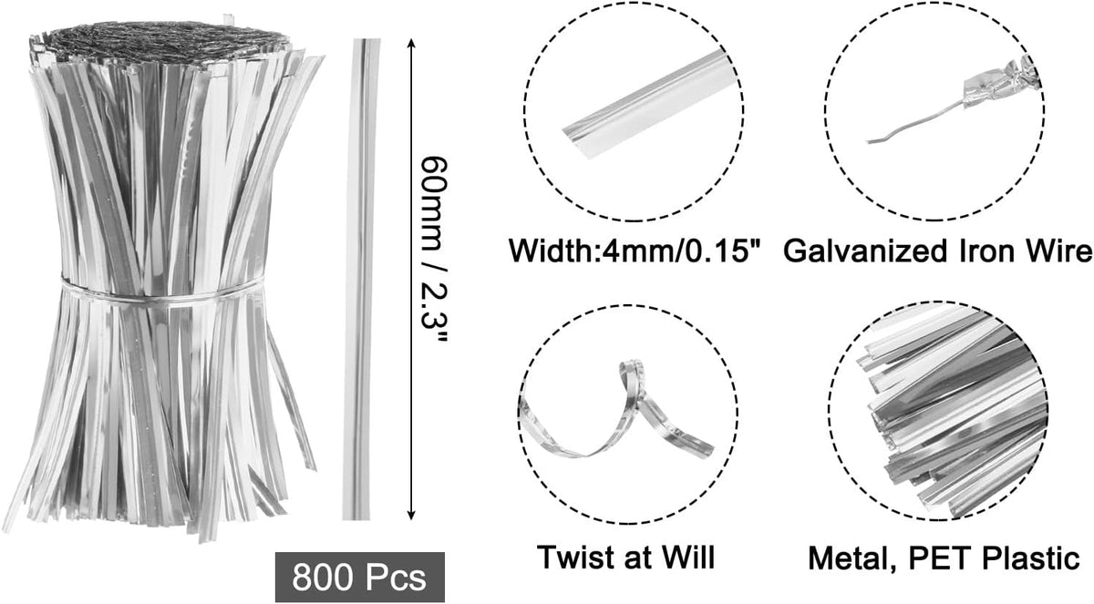 6" Twist Ties, Metallic Twist Ties, Reusable Plastic Coated Twist Ties for Bakery, Candy Bags, Coffee Bags, Goodie Bags, Pack of 800, Silver