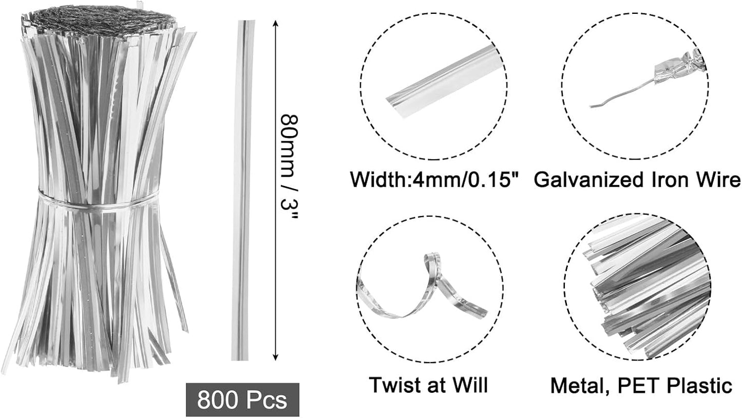 6" Twist Ties, Metallic Twist Ties, Reusable Plastic Coated Twist Ties for Bakery, Candy Bags, Coffee Bags, Goodie Bags, Pack of 800, Silver